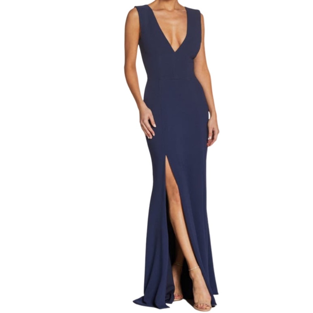 NWT Dress the Population Sandra Midnight Blue V Neck Mermaid/Trumpet Gown - Sz S